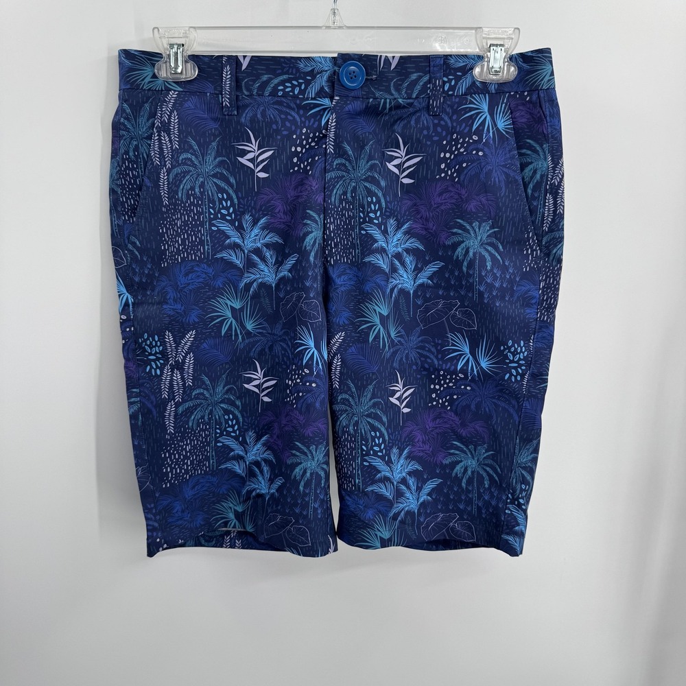 Hreski Shorts Mens 32 Blue Tropical Palm‎ Tree Print Casual Stretch Golf Active
